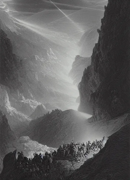 Image similar to battle in the epic valley, shaft of light, high contrast, gustave dore