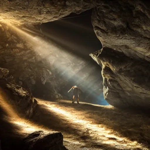 Prompt: a man overlooks a rocky underground cavern with rays of sunlight piercing through, cinematic, high detail