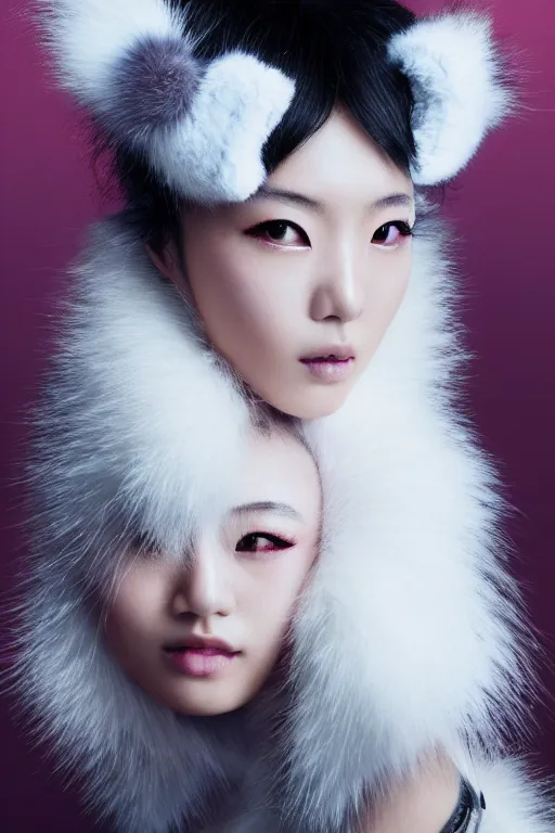 Image similar to aesthetic photograph of alluring young Japanese woman with furry white cat ears, by Nick Knight and jia ruan, headshot, realistic, photorealistic, HD, 4k resolution