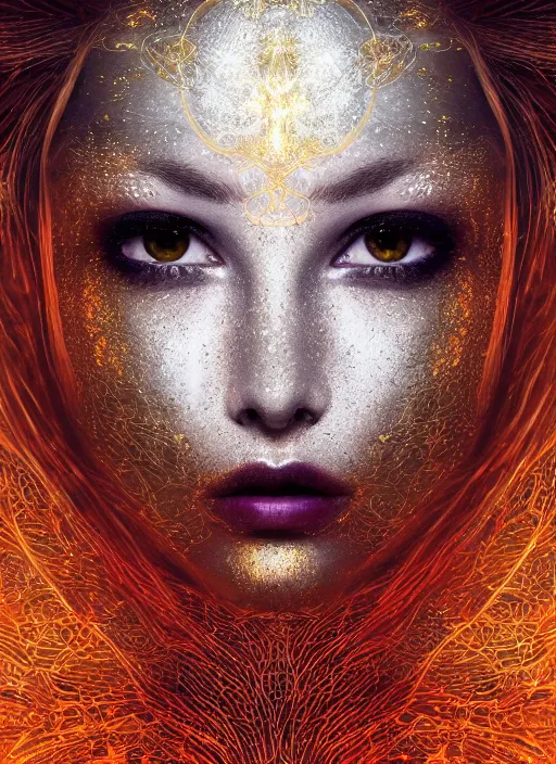 Prompt: glowing silver and golden elements, full close-up portrait, dark witch from shutterstock, book cover, green forest, white moon, red lips, establishing shot, extremly high detail, photo-realistic, cinematic lighting, pen and ink, intricate line drawings, by Yoshitaka Amano, Ruan Jia, Kentaro Miura, Artgerm, post processed, concept art, artstation, matte painting, style by eddie mendoza, raphael lacoste, alex ross