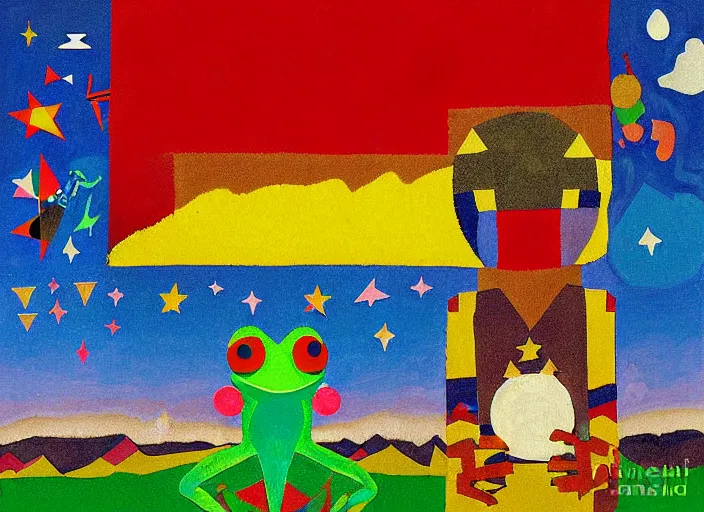 Image similar to pixel decollage painting tarot fool card composition trash can toter with red maggot bear and wonky alien frog knight on a horse in a dark red cloudy night sky with golden foil jewish stars and diamonds, mountain lake and blossoming field in background, painted by Mark Rothko, Helen Frankenthaler, Danny Fox and Hilma af Klint, pixelated, neo expressionism, semi naive, pastel colors, cinematic, color field painting, cave painting, voxel, pop art look, outsider art, minimalistic. Bill Traylor painting, part by Philip Guston, Amano and Francis Bacon. art by Adrian Ghenie, very coherent symmetrical artwork, cinematic, hyper realism, high detail, octane render, unreal engine, Smooth gradients, depth of field, full body character drawing, extremely detailed, 8k, extreme detail, intricate detail, masterpiece