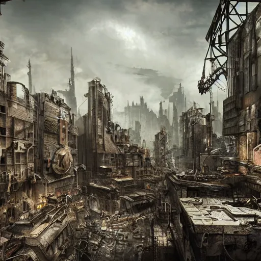 Prompt: post apocalyptic dieselpunk city , highly detailed, 4k, HDR, award-winning, octane render, artstation