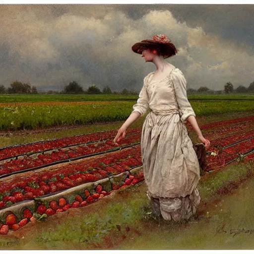 Image similar to ( ( ( ( ( woman on a strawberry field. muted colors. ) ) ) ) ) by jean - baptiste monge!!!!!!!!!!!!!!!!!!!!!!!!!!!