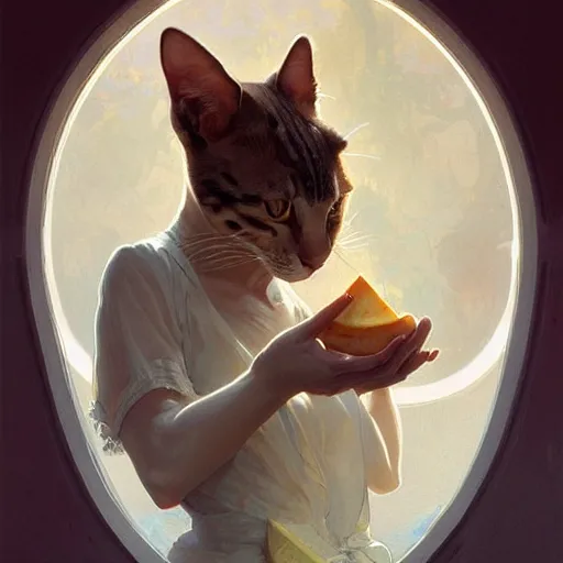 Prompt: a portrait of cat devouring cheese, highly detailed, digital painting, artstation, concept art, sharp focus, illustration, art by artgerm and greg rutkowski and alphonse mucha