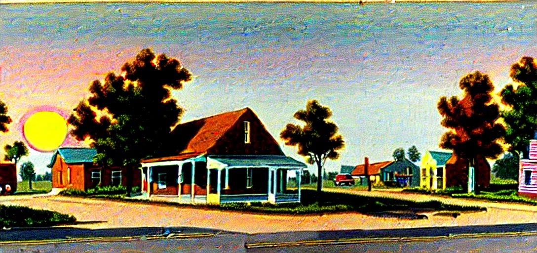 Prompt: concept art of a small rural town in middle America in the 1960s, detailed, Americana, golden hour