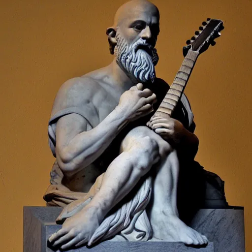 Image similar to epic greek marble statue of a bald man with a long beard, playing a guitar, photo, chiaroscuro