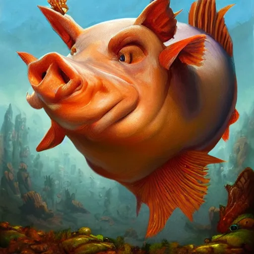 Prompt: fish - pig creature, oil painting by justin gerard