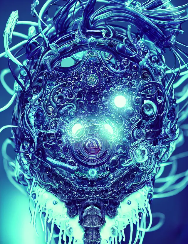 Image similar to eye of god macro close - up portrait with mask made of ram skull. betta fish, jellyfish phoenix, bioluminiscent, plasma, ice, water, wind, creature, super intricate ornaments artwork by tooth wu and wlop and beeple and greg rutkowski