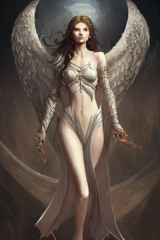 Image similar to full body portrait of a girl angel, wings, d & d, fantasy, intricate, elegant, highly detailed, digital painting, artstation, concept art, smooth, sharp focus, illustration, art by artgerm and greg rutkowski and peter mohrbacher