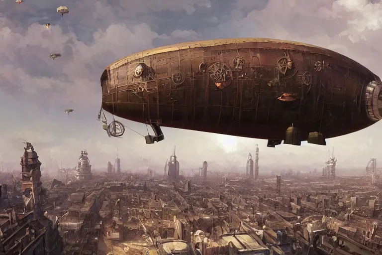 Prompt: a pig-blimp, steampunk, digital art, extremely detailed, flying over a city, greg rutkowski, cinematic