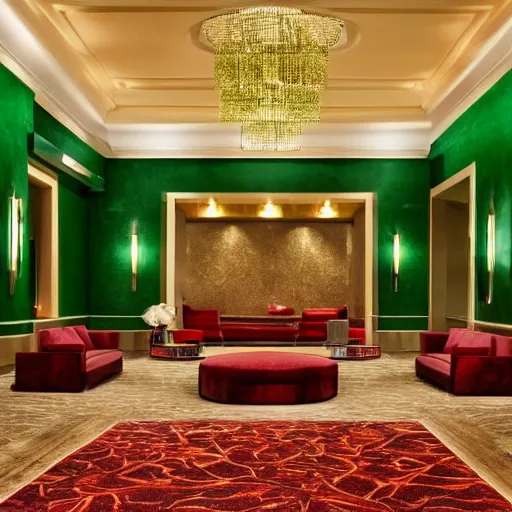 Image similar to a lavish hotel lobby with emerald colored walls with golden accents on them and red carpet
