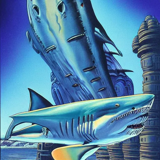 Image similar to side view a beautiful painting of a shark palace by angus mckie, trending on artstation future space, sphyrna zygaena