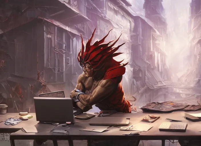 Image similar to an insanely detailed painting of an asian man wearing a homemade superhero costume, sitting at a desk, staring seriously at the computer and typing, in the style of peter mohrbacher, james jean, artgerm, dramatic lighting and composition, surreal background, octane render, pixar, trending on artstation, concept art, comic book, view from behind, 8 k