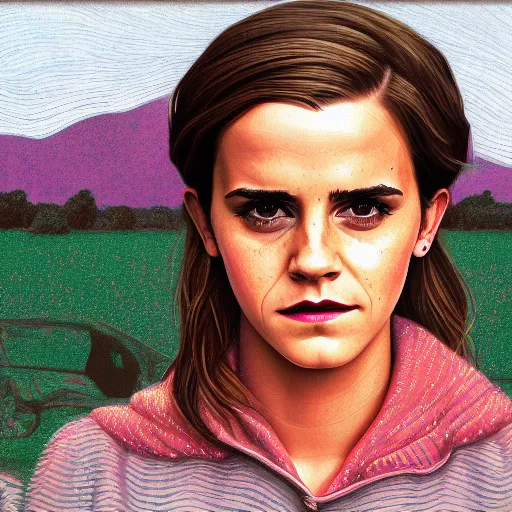 Image similar to a portrait of s sad Emma Watson with tears in her eyes, trying to fit into a shoebox in the middle of the road, highly detailed, digital painting, HDRI, by Casey Weldon, vivid colors, high contrast, intricate