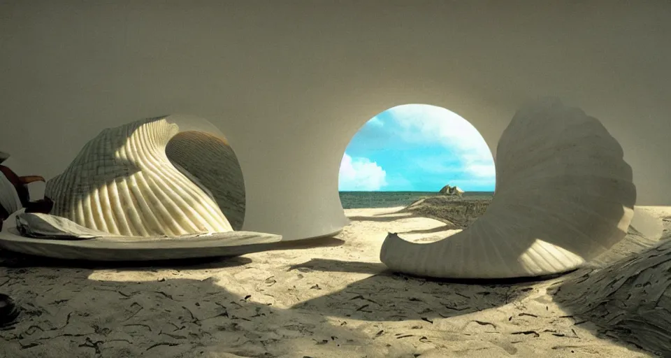 Prompt: a giant seashell house with a doorhole, cinematography by syd mead, gregory crewdson