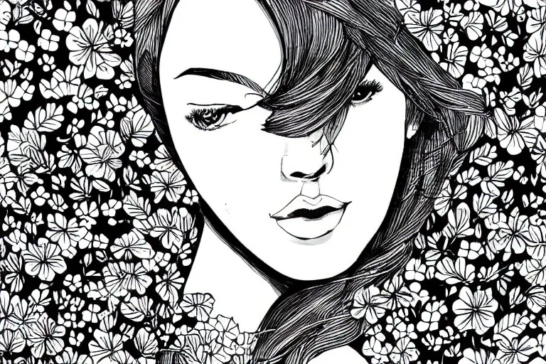 Image similar to beatiful woman surrounded by flowers, beautiful line art, ink illustration, sketch, pure b&w