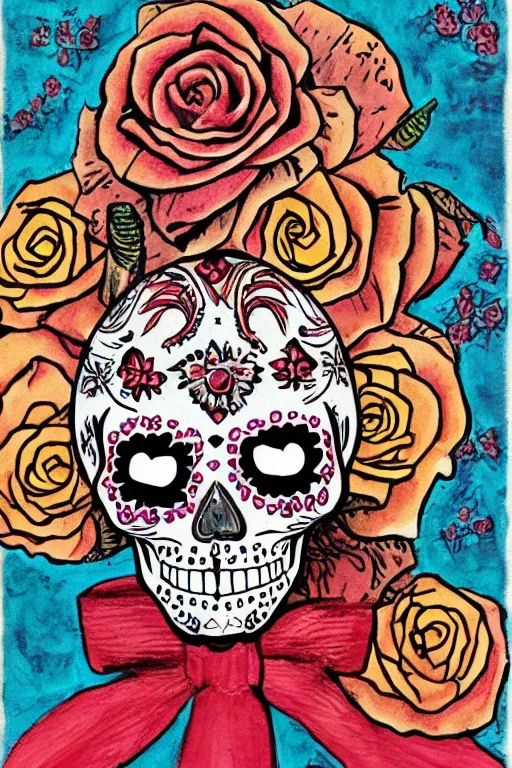 Prompt: illustration of a sugar skull day of the dead girl, art by hunter s thompson