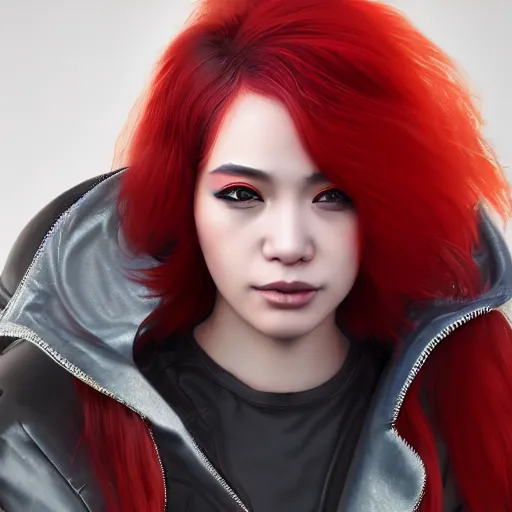 Prompt: young Asian Cyberpunk woman with red hair, Close up portrait, wearing a leather jacket, hyperdetailed, artstation, cgsociety, 8k, nighttime