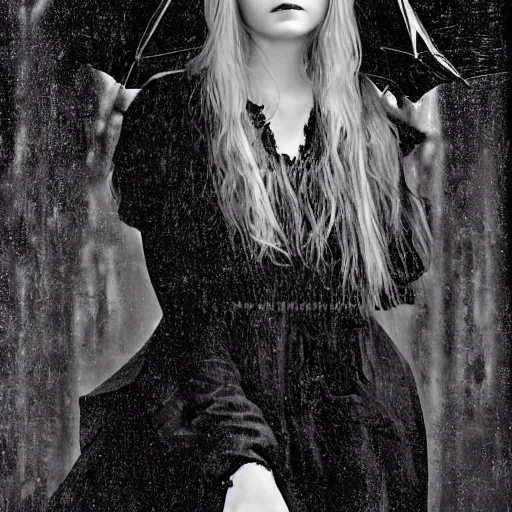 Image similar to a striking esoteric painting of Elle Fanning in the rain, dark, metal, black background, occult, by Edward Leighton