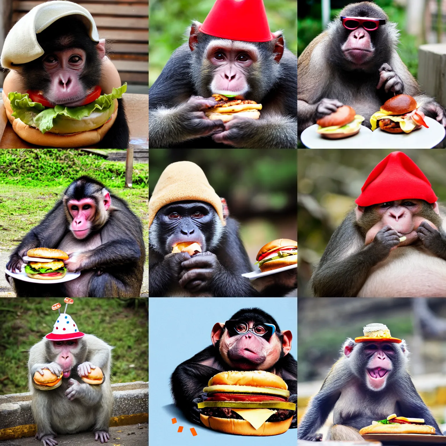 Prompt: a photo of a morbidly obese monkey eating Burger wearing cool hat