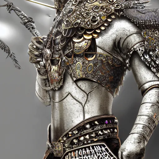 Image similar to warrior wearing jewel encrusted metal owl armour, highly detailed, 4k, HDR, smooth, sharp focus, hyper realistic, high resolution