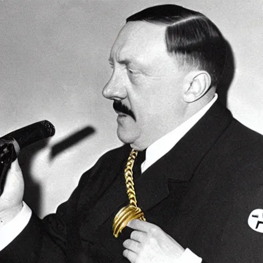 Image similar to Hitler wearing gold chains in a rap battle