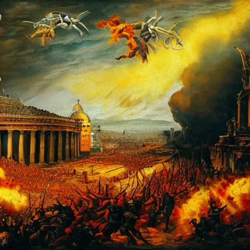 Image similar to nuclear war, fall of rome, epic painting