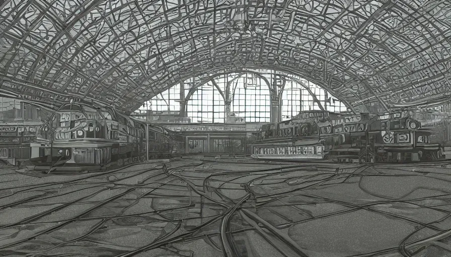 Image similar to soviet train station, anime professional with intricate details digital art made by mina petrovic, laica chrose, jessica prando, tsutomu nihei, studio ghibli, arcane, katsuhiro otomo, hayao miyazaki, akira toriyama, satoshi kon, unreal engine ultra hd 8 k 3 d