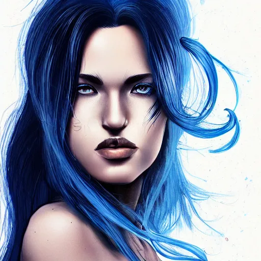 Image similar to a stunning upper body portrait of a beautiful woman with raven hair with a blue tint blowing in the wind by marvel comics, digital art, trending on artstation