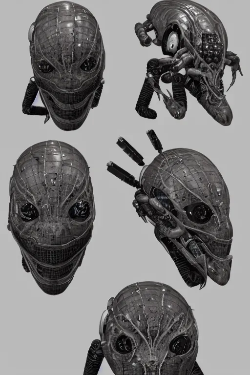 Image similar to cyborg space spider with gunmetal grey skin, medical anatomy, cyberpunk face, highly detailed, japanese, mecha asthetic, mechanical implants, three - view reference sheet ( front / back / side ), in the style of dan ouellette, dren from splice, hr giger, sil from species, artstation, unreal engine