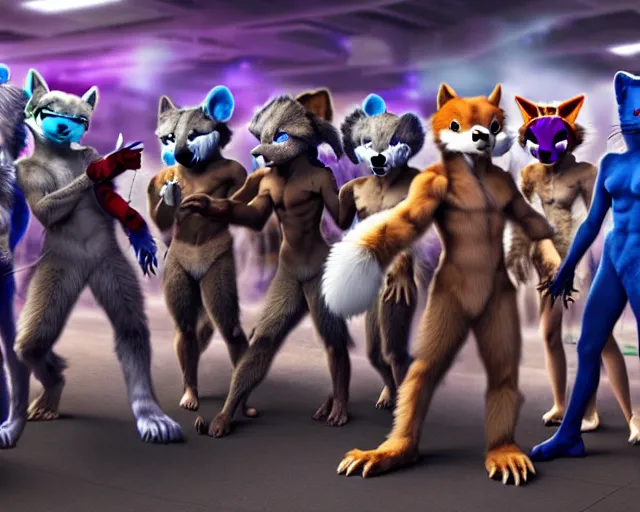 Image similar to high - resolution photograph from a nanopunk era furry fandom convention ( midwest furfest 2 0 4 7 ), taking place after the genetic revolution and singularity. photorealistic.