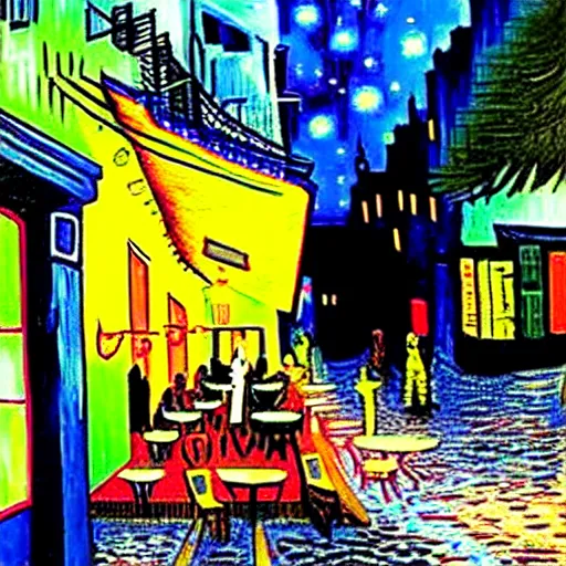 Image similar to Cyberpunk Cafe Terrace at night by Vincent Van Gogh