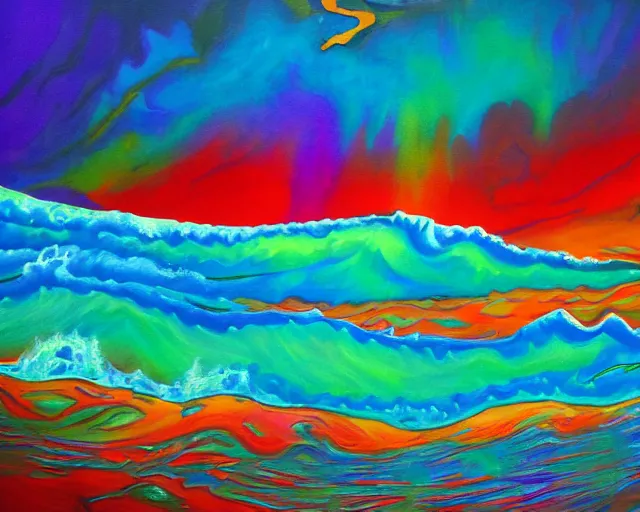 Image similar to Ocean waves in a psychedelic dream world. Landscape painting.