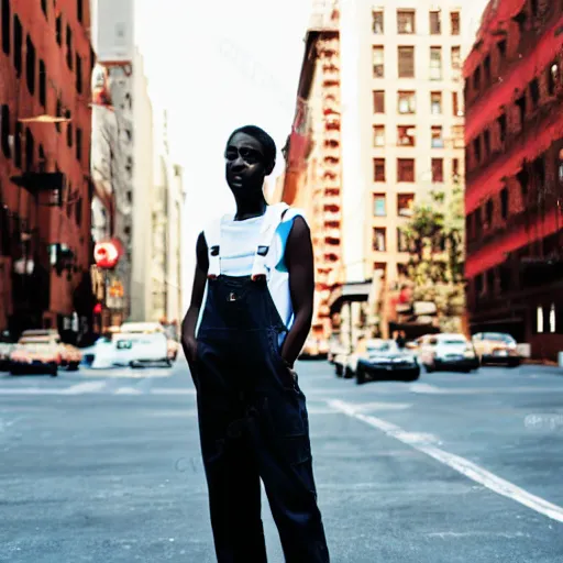 Prompt: color block of 9 0 s nerdy stoic heroic dark skinned black woman mechanic with very short platinum blonde hair, full body, causally walking in new york city, summer weather, smart awkward and sexy, wearing overalls, wearing white sneakers, rough paper, behance hd