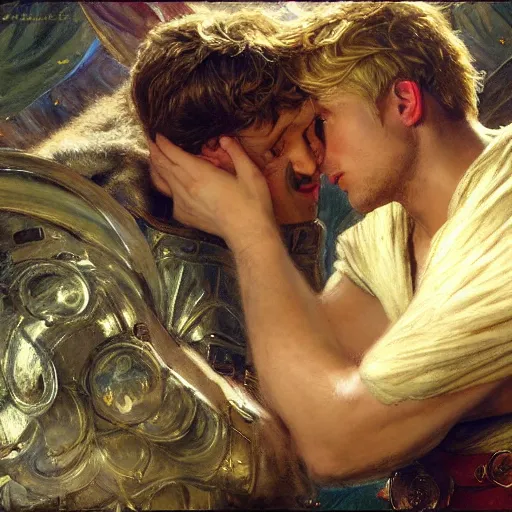 Image similar to attractive male arthur pendragon confesses his love to attractive male merlin. highly detailed painting by gaston bussiere, craig mullins, j. c. leyendecker 8 k