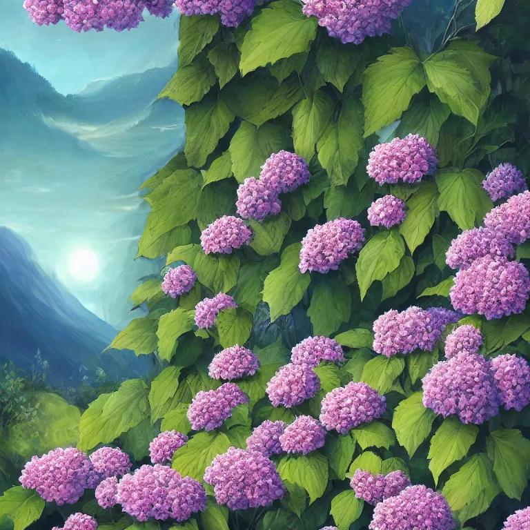 Image similar to a beautiful painting of hydrangea and a landscape of the mountain valley, clematis theme logo, clematis theme banner, clematis design, clematis in the deep sea, clematis like stars in the sky, hydrangea, trending on artstation, warm light, lovely and cute, fantasy art, 8 k resolution, highly detailed