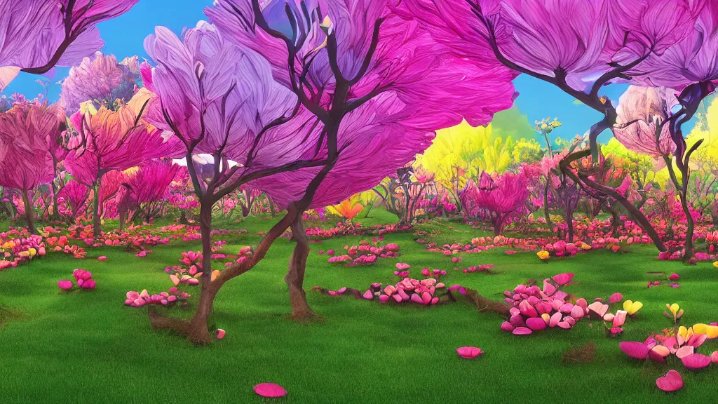 Prompt: digital illustration of a field of giant vibrant multi - colored magnolias by dr. seuss, reimagined by ilm and beeple : 1 | megaflora by dr. seuss, spectral color, rolling hills : 0. 9 | fantasy : 0. 9 | unreal engine, deviantart, artstation, hd, 8 k resolution : 0. 8