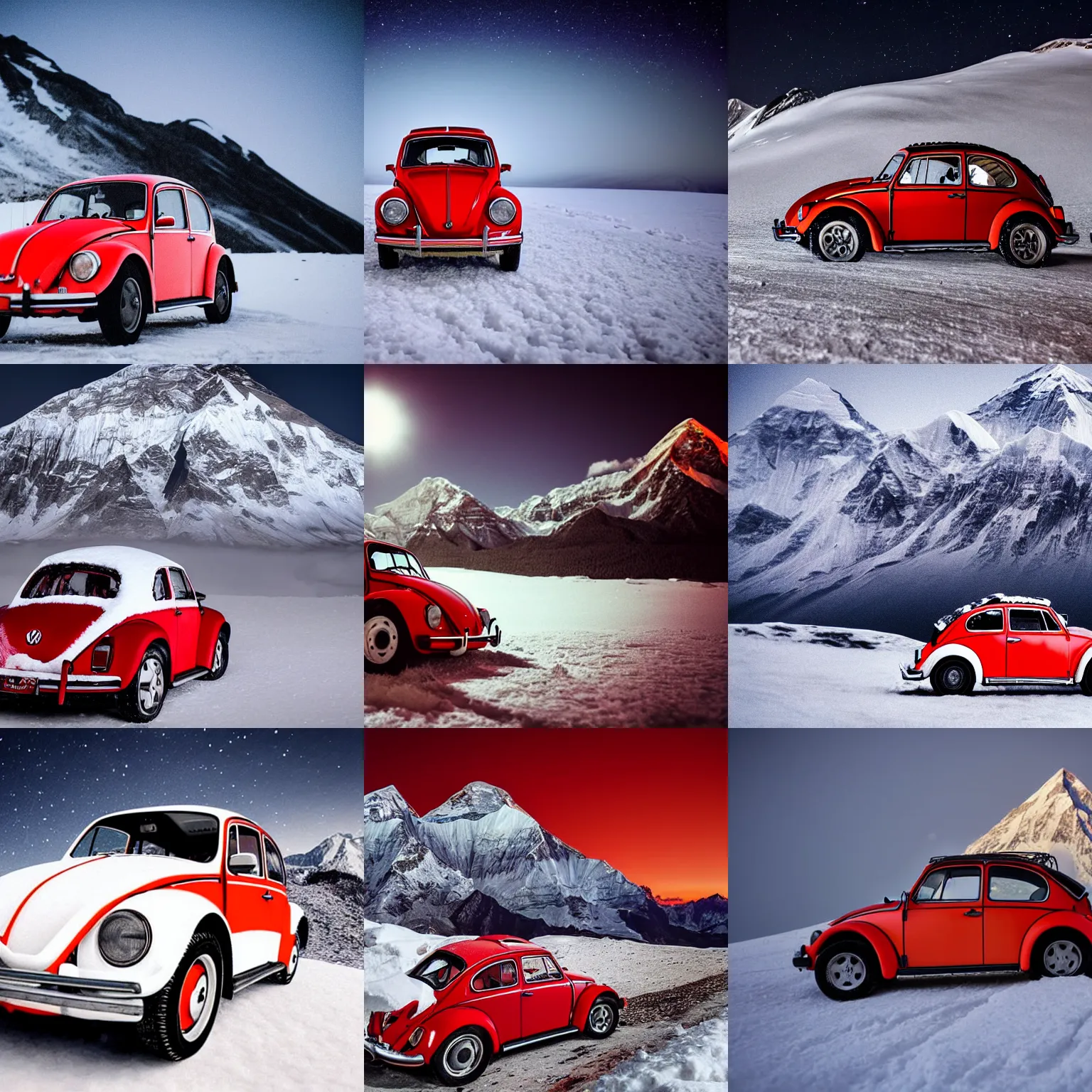 Prompt: extreme long shot of a snowy red 1970 vw beetle standing on mount everest at night, award winning photo, snow, high detail, desolate, atmospheric, 8k