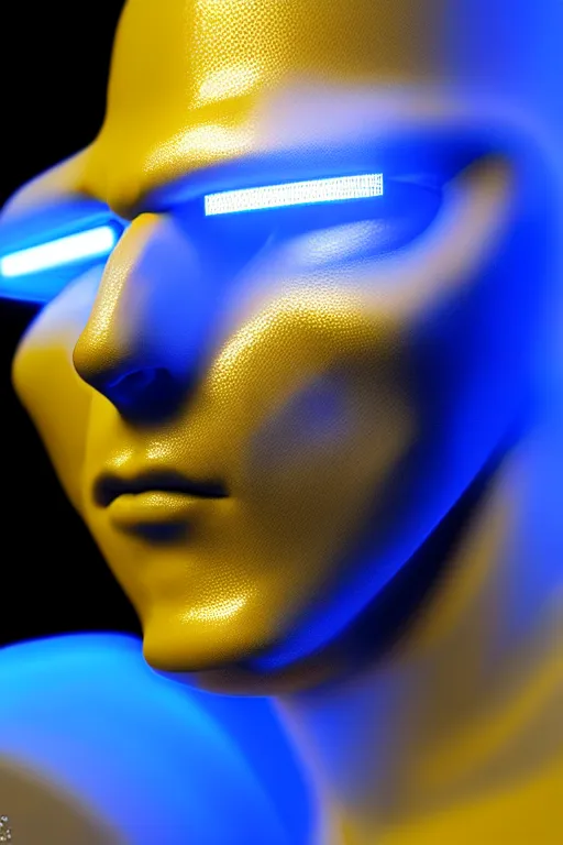 Prompt: hyperrealistic close-up blue glow exoskeleton!! chinese man covered highly detailed concept art eric zener elson peter cinematic side hard yellow light low angle hd 8k sharp shallow depth of field