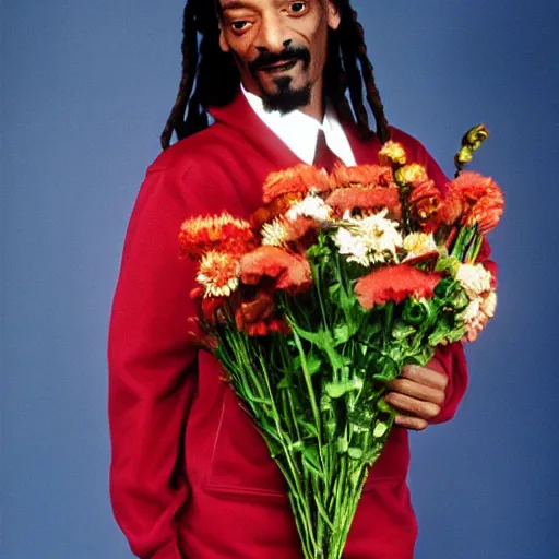 Prompt: Snoop Dogg holding a Vase of flowers for a 1990s sitcom tv show, cinematic lighting, Studio Photograph, portrait, C 12.0