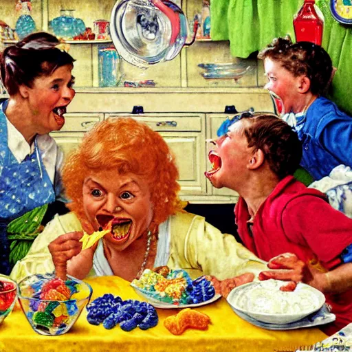 Image similar to hyper realistic hight detailed grandmother with a big mouth eating babies and gummi bears on the table in the russian kitchen, by norman rockwell, bright colors, 4 k, 1 6 k, 3 2 k, photorealistic, cartoon style