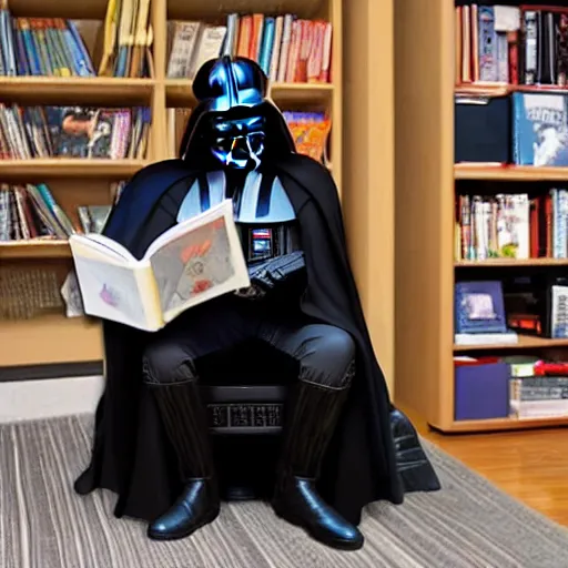 Prompt: Darth Vader reading a tale to young Luke Skywalker