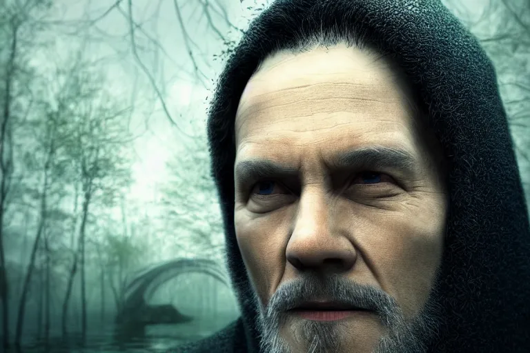 Image similar to an ultra realistic cinematic close up headshot portrait of an evil wizard, background of a vast serene landscape with trees and rivers in the matrix, matrix code, detailed, deep focus, movie still, dramatic lighting, ray tracing, by michal karcz and ryoji ikeda