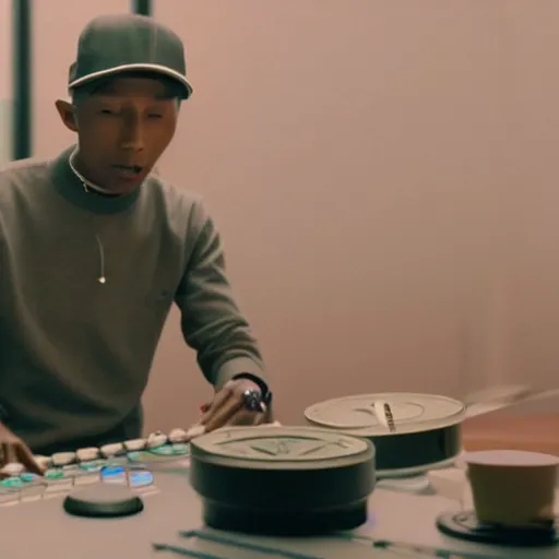 Image similar to cinematic film still of Pharrell Williams Making A Beat with an anthropomorphic alien, Japanese VFX, 2018, 400mm lens, f1.8, shallow depth of field,film photography