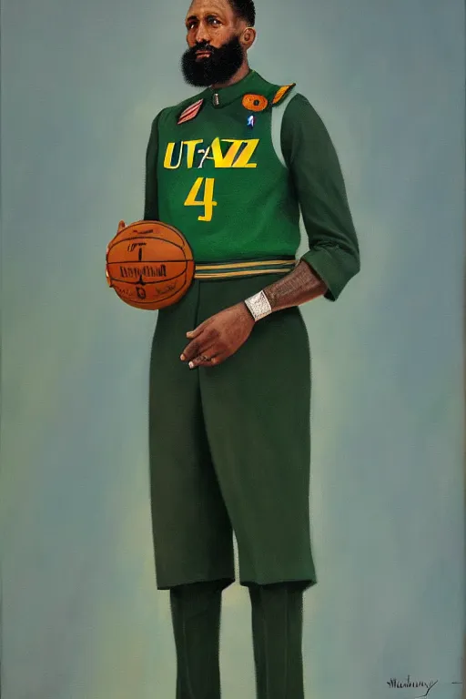 Image similar to full body portrait of the dictator of the nba utah jazz, 1 8 8 9, in full military garb, navy, green, oil on canvas by william sidney mount, trending on artstation