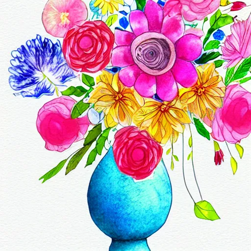 Image similar to a porcelain vase with a colorful and beautiful flower arrangement. very stylize and delicate watercolor and pencil drawing. medium shot. beautiful lighting, 4 k post - processing, trending in art station, cg society, highly detailed, 5 k extremely detailed
