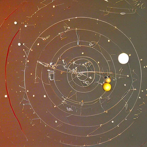 Prompt: a kinetic sculpture of this solar system, sun, orrery, canon 5 d 5 0 mm lens, papier - mache, studio, circa 1 9 9 9