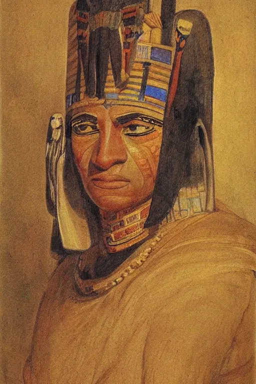 Image similar to a closer personal portrait of a a very old egyptian temple mage with very piercing eyes, very charismatic. in ancient egypt. masterpiece, ciaroscuro. painted by carl larsson