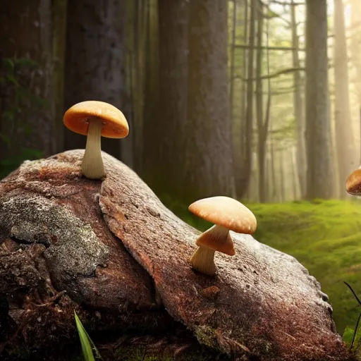 Prompt: a realistic 8 k nature style photograph of a pair of mushroom brothers communicating telepathically. natural forest setting and dramatic lighting. photorealistic high resolution image