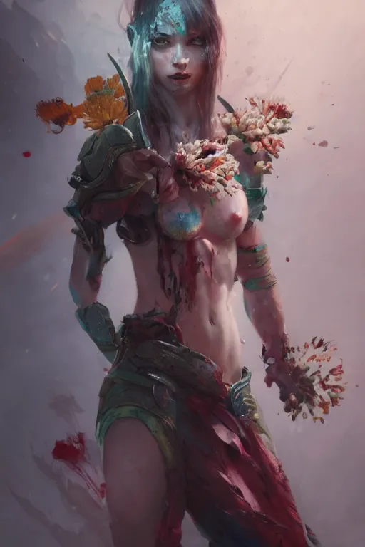 Image similar to abstract beautiful girl predator covered with blood, 3 d render, hyper realistic detailed portrait, holding magic flowers, ruan jia, wlop. scifi, fantasy, hyper detailed, octane render, concept art, by peter mohrbacher, by wlop, by ruan jia